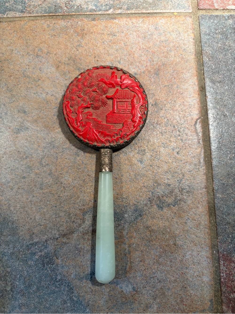 Red Carved Asian-Style Hand Mirror with Jade Handle. Red cinnabar.